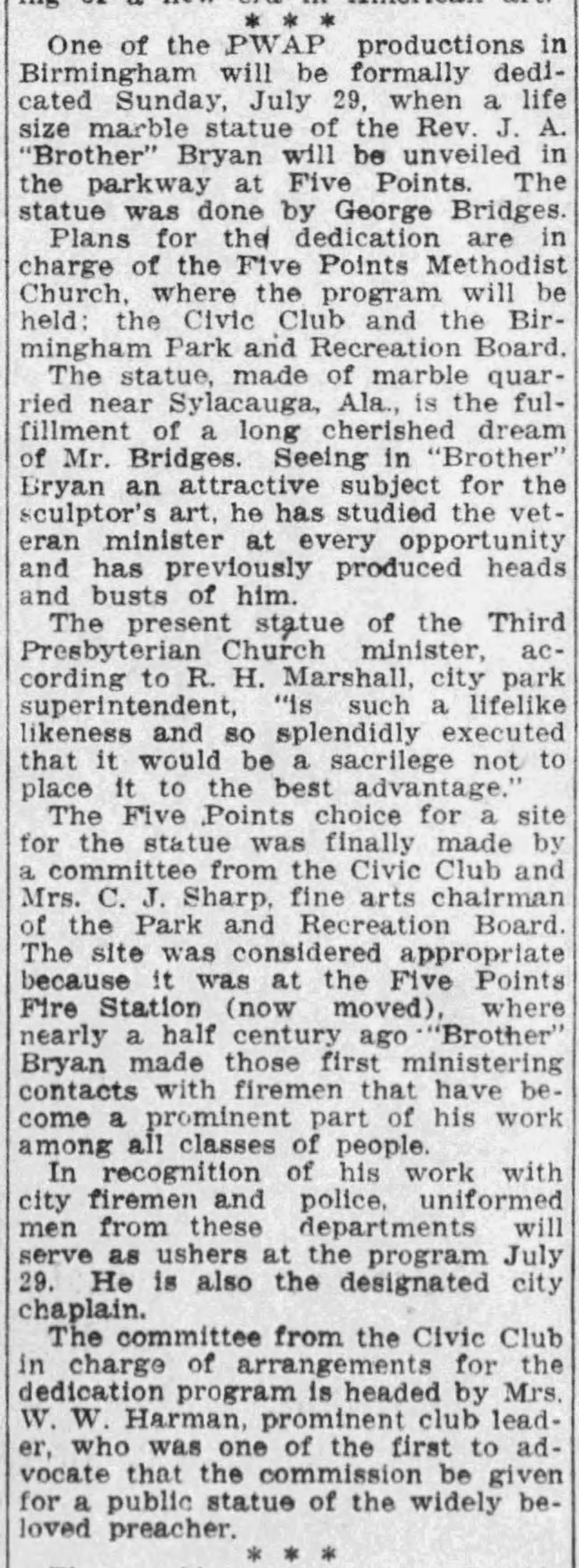 Statue to Be Dedicated Sunday